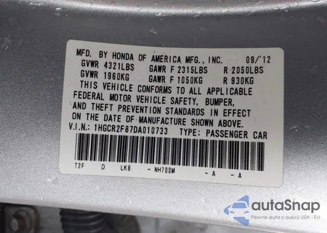 2013 Honda Accord Ex-L from USA, damaged, VIN 1HGCR2F87DA010733